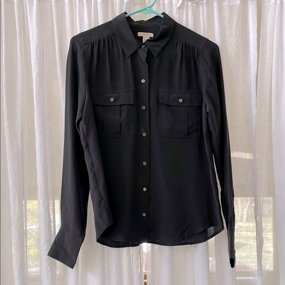100% Silk Black Button Up Shirt J Crew Blythe
